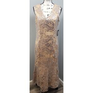 Marina Maxi Dress Womens Medium‎ Tan Silver Sequin Paisley Lightweight Back Zip